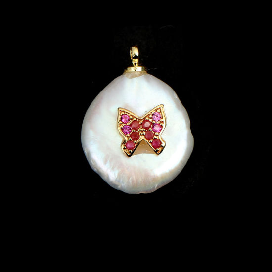 Picture of Pearl & Copper Insect Charms Round Gold Plated White Bowknot Red Rhinestone Micro Pave 19mm x 15mm, 1 Piece