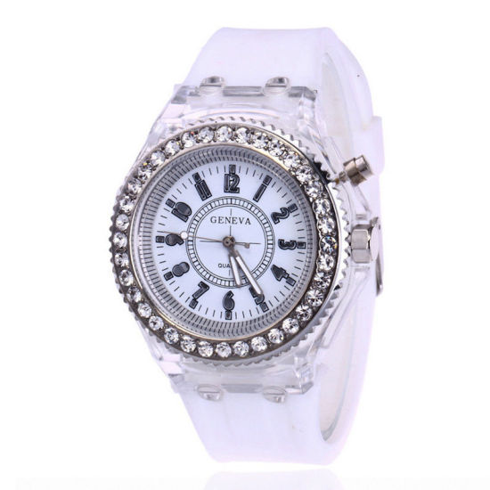 Picture of Silicone Wrist Watches Round Number White Adjustable Clear Rhinestone Battery Included 25.2cm long, 1 Piece