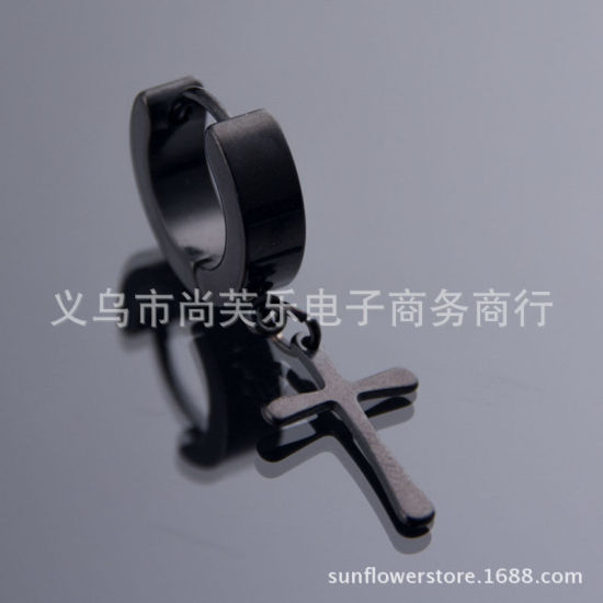 Picture of Hoop Earrings Black Cross 32mm(1 2/8") x 13mm( 4/8"), Post/ Wire Size: (19 gauge), 1 Piece