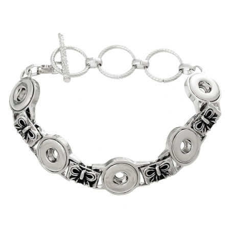 Snap Button Bracelets Toggle Clasp Silver Tone Bowknot Carved Enamel Black Fit 12mm Snap Buttons 22cm(8 5/8") long, Hole Size: 5mm, 1 Piece