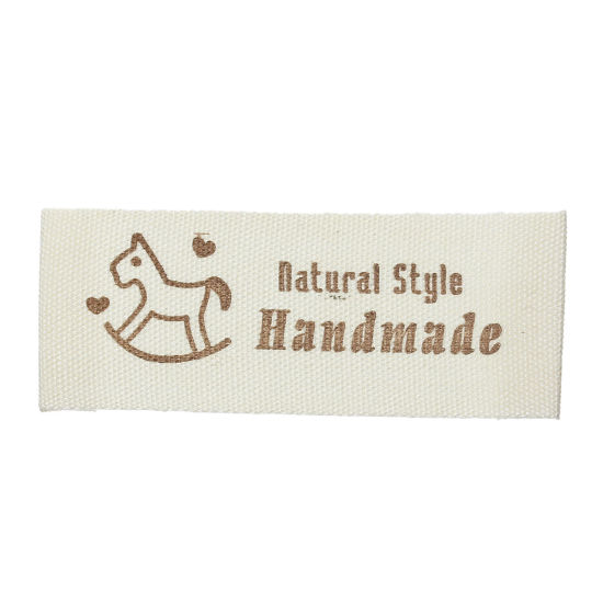 Picture of Cotton Woven Printed Labels DIY Scrapbooking Craft Rectangle Off-white Message Pattern " Natural Style Handmade " 65mm(2 4/8") x 20mm( 6/8"), 14 PCs