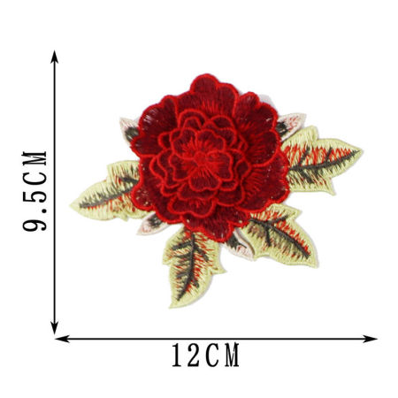 Polyester Embroidery Appliques Patches DIY Scrapbooking Craft Red Peony Flower 12cm x 9.5cm, 2 PCs ( 2 PCs/Set)