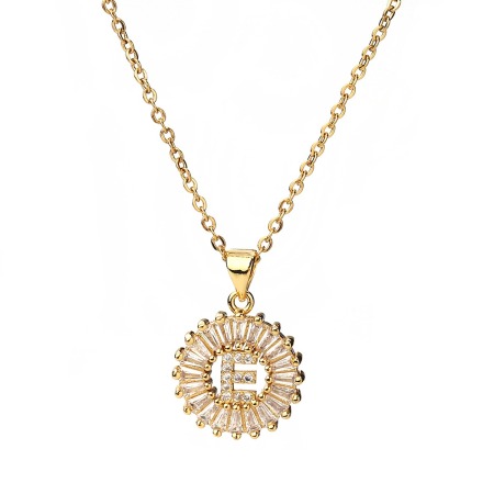 Picture of 304 Stainless Steel Necklace Gold Plated Round Initial Alphabet/ Letter Message " E " Clear Rhinestone 45cm(17 6/8") long, 1 Piece
