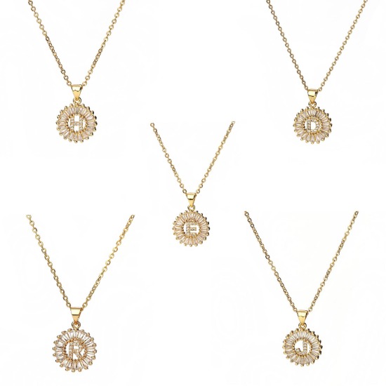 Picture of 304 Stainless Steel Necklace Gold Plated Round Initial Alphabet/ Letter Message " E " Clear Rhinestone 45cm(17 6/8") long, 1 Piece