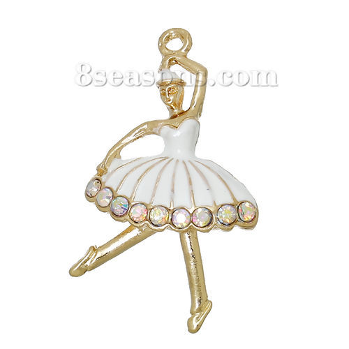 Immagine di Lega di Zinco Ciondoli Ragazza ballante KC Placcato Oro Bianco AB Colore Strass Smalto 37mm x 22mm , 5 Pz