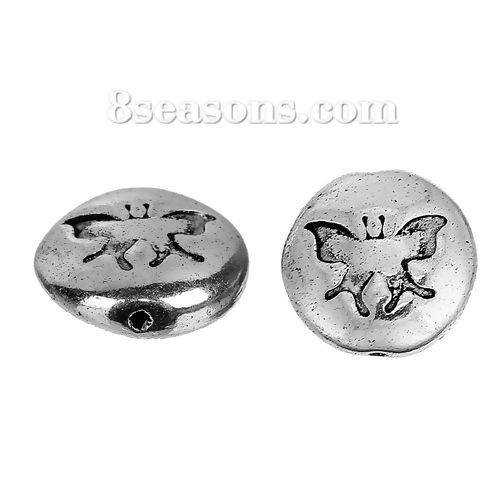 Picture of Zinc Based Alloy Spacer Beads Round Antique Silver Color Butterfly Carved About 14mm Dia, Hole: Approx 1.5mm, 10 PCs