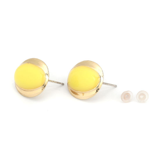 Immagine di Lega di Zinco + Resina Orecchini a Perno Tappi di Orecchini Ovale Oro Placcato Giallo W/ Loop 15mm x 14mm, Diametro Filo: (21 misura), 4 Pz