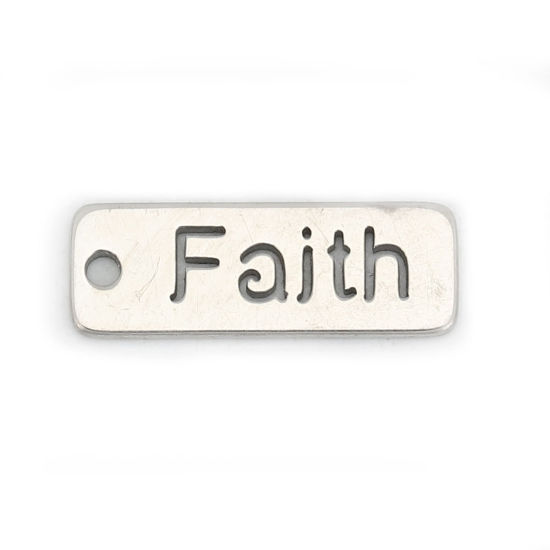 304ステンレス鋼 チャーム 長方形 シルバートーン 文字" FAITH " 透かし 17mm x 6mm、 5 個 の画像