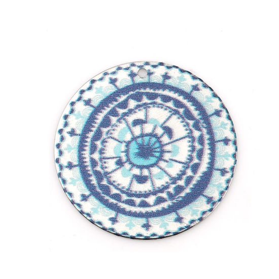 Image de Breloques Peinture en Émail en Alliage de Zinc Rond Argent Mat Bleu Fleurs Amas Stellaire  25mm Dia, 10 Pcs