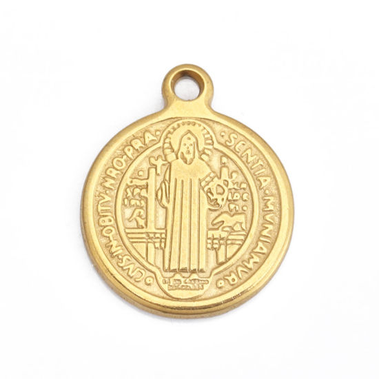 Picture of 304 Stainless Steel Double Sided Charms Round Gold Plated Jesus 20mm x 16mm, 5 PCs