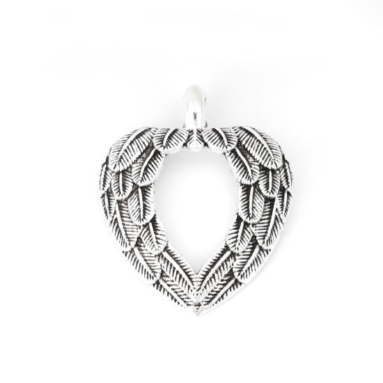 Image de Pendentifs en Alliage de Zinc Cœur Plumes Argent Vieilli 32mm x 26mm, 10 Pcs