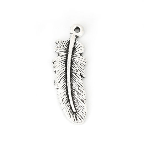 Image de Pendentifs en Alliage de Zinc Plume Argent Vieilli 30mm x 10mm, 30 Pcs