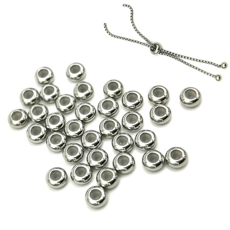 304 Stainless Steel Crimp Beads (With Adjustable Silicone Core) Round Silver Tone About 6mm( 2/8") Dia., Hole: Approx 1mm, 5 PCs