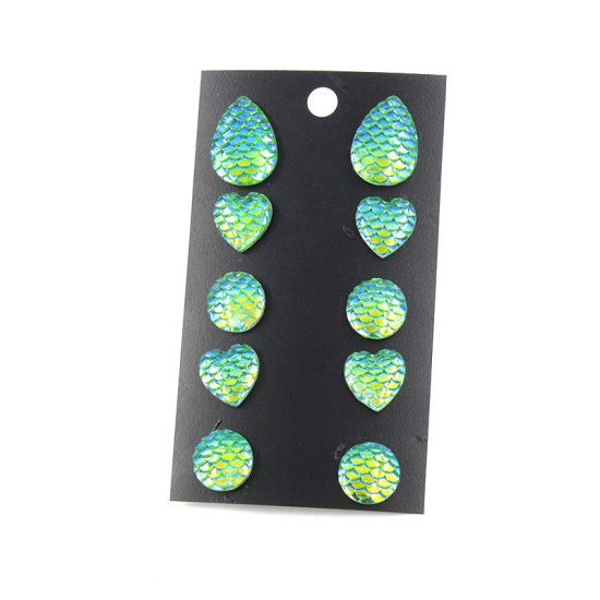 Immagine di Acciaio Inossidabile Mermaid Pesce/Drago Scala Orecchini a Perno Tono Argento Verde Misti Squama Con Resina Cabochons 18mm x 13mm - 12mm, Posta / Filo Dimensione: (21 misura), 1 Set (Circa 5 Paia/Set)