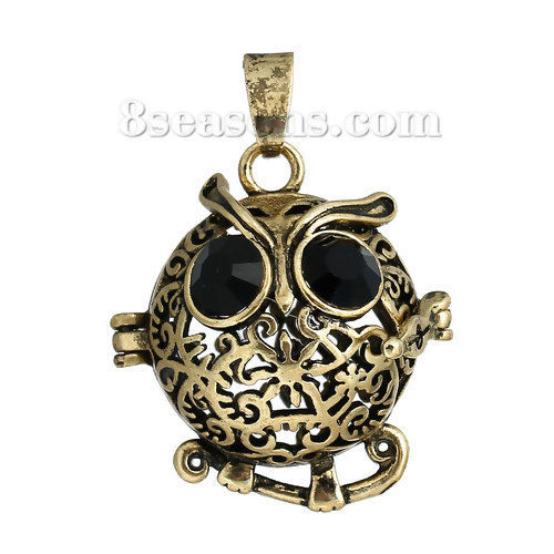 Picture of Copper Mexican Angel Caller Bola Harmony Ball Wish Box Pendants Halloween Owl Hollow Carved Rhinestone Can Open