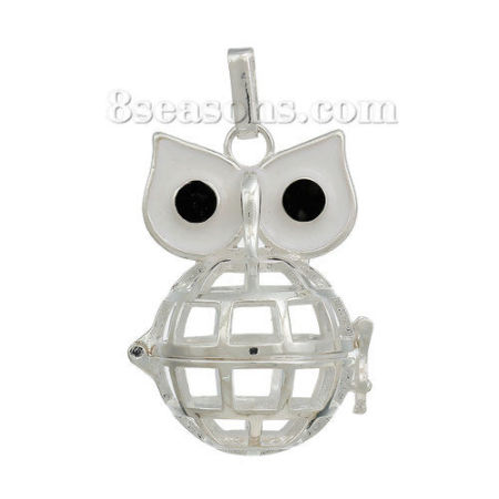 Copper Mexican Angel Caller Bola Harmony Ball Wish Box Pendants Silver Plated Owl Eye White Enamel Black Rhinestone Can Open (Fit Bead Size: 20mm) 47mm(1 7/8") x 28mm(1 1/8"), 1 Piece