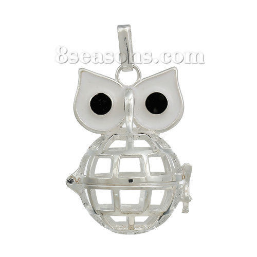 Image de Pendentifs Cage en Cuivre Harmony Ball Ange Balle Argenté Œil Blanc Email de Hiboux avec Strass Noir Pouvoir Ouvrir (Taille de Perle Compatible: 20mm) 47mm x 28mm, 1 Pièce