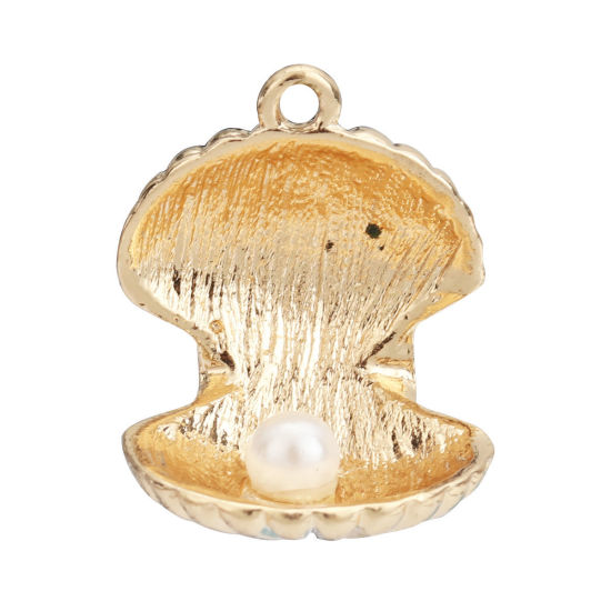 Immagine di Lega di Zinca + Acrilato Gioielli Oceanici Charms Conchiglia Oro Placcato Bianco Imitata Perla 25mm x 13mm , 3 Pz