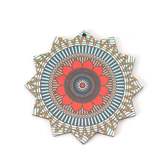 Immagine di Legno Ciondoli Fiore Verde Blu 60mm x 60mm, 10 Pz