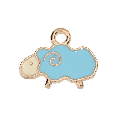 Bild von Zinklegierung Charms Schaf Vergoldet Blau Emaille 19mm x 15mm, 20 Stück