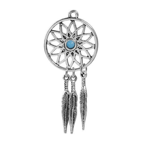 Picture of Zinc Based Alloy Pendants Dream Catcher Pattern Hollow Resin Cabochons Imitation Turquoise 