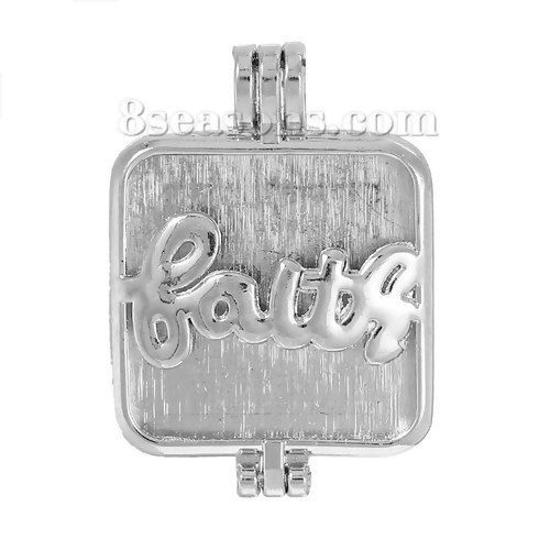 Picture of Zinc Based Alloy Aromatherapy Essential Oil Diffuser Locket Pendants Square Silver Tone Message " FAITH " Carved Can Open (Fits 26mm x 26mm) 4.1cm x2.9cm(1 5/8" x1 1/8"), 1 Piece