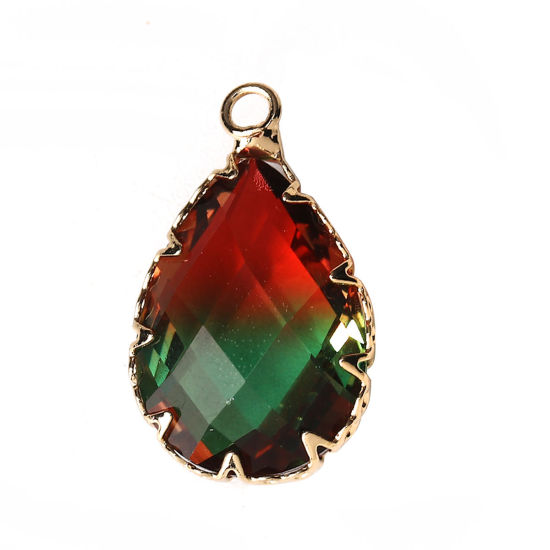 Imagen de Vidrio Colgantes Charms Gota Rojo & Verde Facetas 23mm x 14mm, 2 Unidades