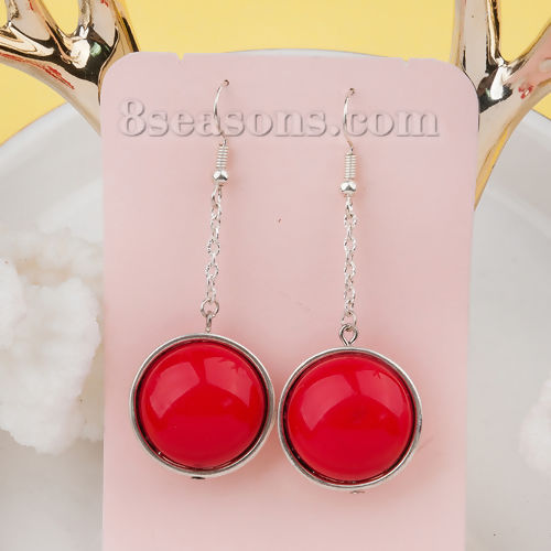 Picture of Acrylic Earrings Silver Tone Red Luna Beads 62mm(2 4/8") x 23mm( 7/8"), Post/ Wire Size: (21 gauge), 1 Pair