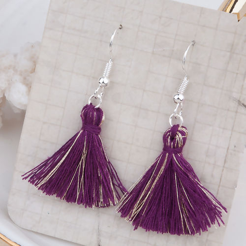 Picture of Polyester Tassel Earrings Silver Plated Purple 5.2cm(2"), Post/ Wire Size: (21 gauge), 1 Pair