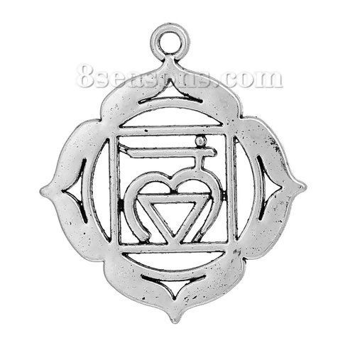 Immagine di Lega di Zinco Yoga Ciondoli Fiore Argento Antico Muladhara Scolpito Filigrana 37mm x 33mm , 10 Pz