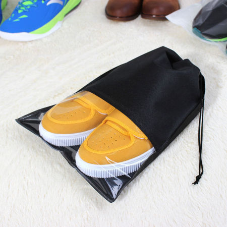 Nonwovens Waterproof Shoes Drawstring Storage Bag Black 36cm x 27cm, 1 Piece