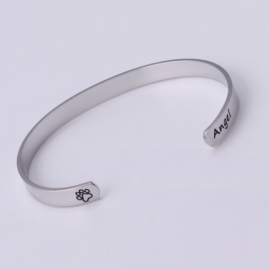 Picture of Stainless Steel Pet Memorial Open Cuff Bangles Bracelets Silver Tone Paw Claw Message " Angel Annie " Corrosion 20cm(7 7/8") long, 1 Piece