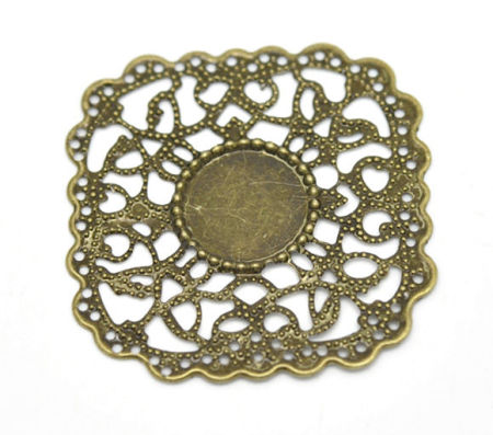 Iron Based Alloy Filigree Stamping Embellishments Findings Square Antique Bronze Cabochon Settings (Fit 14.5mm Dia.) Flower Hollow Carved 4.5cm(1 6/8") x 4.3cm(1 6/8"), 30 PCs