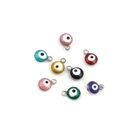 304 Stainless Steel Religious Charms Round Silver Tone At Random Evil Eye Enamel 9mm x 6mm, 20 PCs