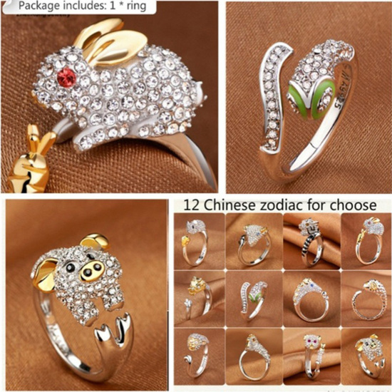 Picture of Brass Open Rings Gold Plated & Silver Tone Mouse Animal Clear Rhinestone 1 Piece                                                                                                                                                                              