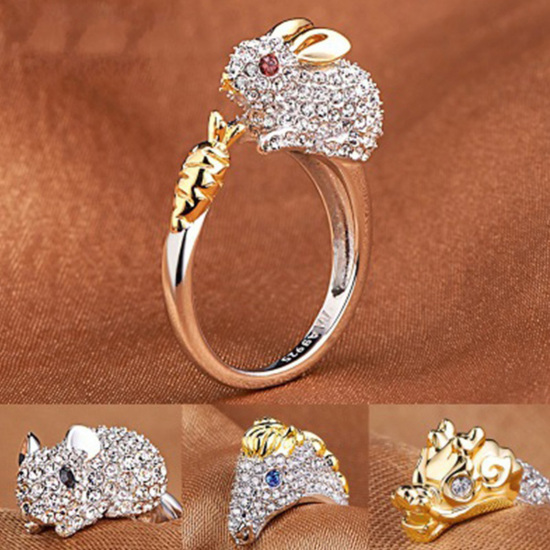 Picture of Brass Open Rings Gold Plated & Silver Tone Mouse Animal Clear Rhinestone 1 Piece                                                                                                                                                                              