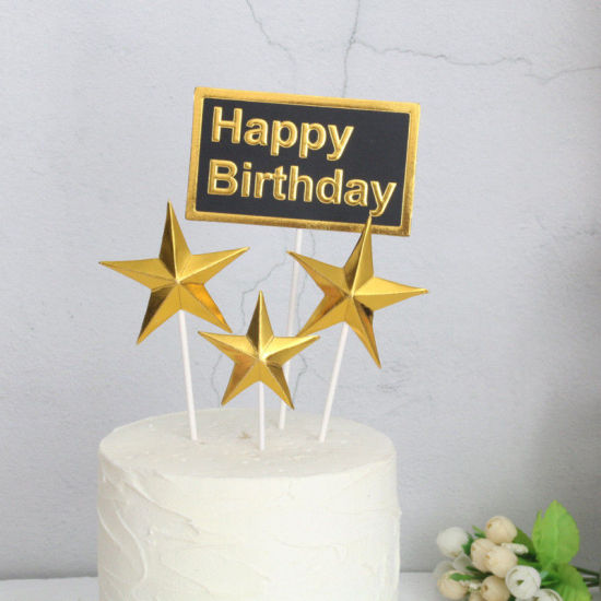 Bild von Papier Kuchen Einlegekarten Rechteck Schwarz & Golden Pentagramm Message " HAPPY BIRTHDAY " 1 Set ( 4 Stück/Set)