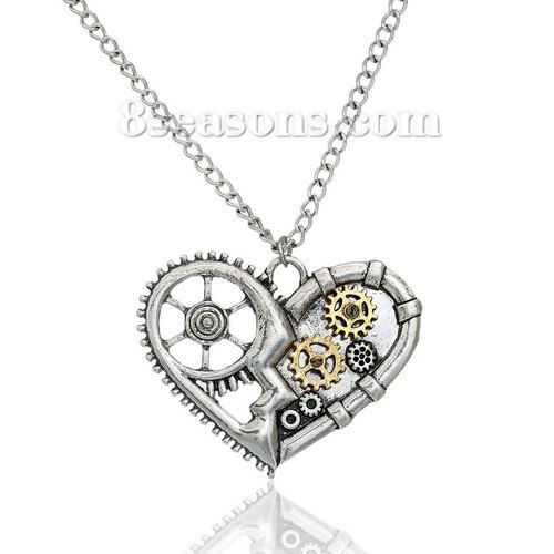 Picture of New Fashion Steampunk Necklace Link Curb Chain Heart Gear Hollow Pendant long