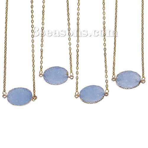 Изображение Новая Мода Смола Druzy Ожерелья Позолоченные цепочки Овальные " Позолоченный Светло-синий 43.5смдлина 1 ШТ