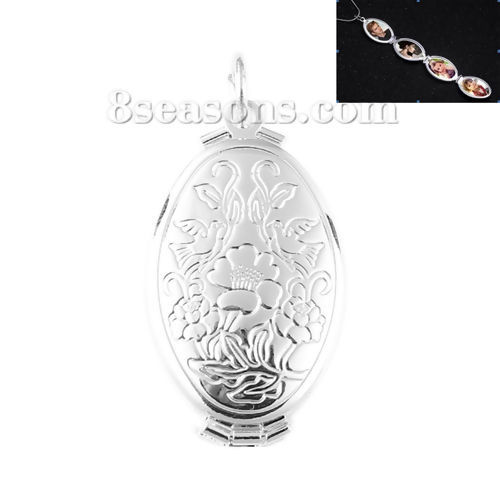 Picture of Copper Picture Photo Locket Frame Pendents Bird Animal Silver Plated Cabochon Settings (Fits 23mm x13mm) Can Open 40mm(1 5/8") x 20mm( 6/8"), 1 Piece