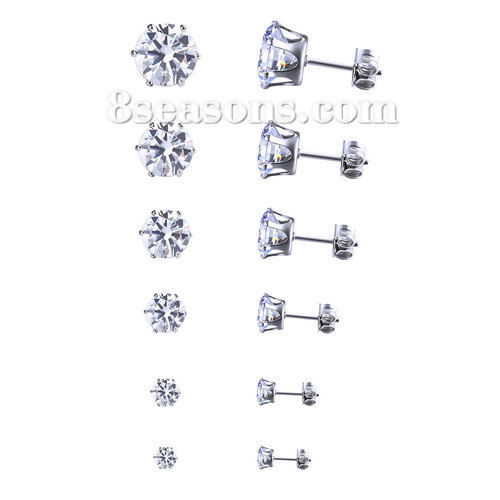 Picture of Copper & Cubic Zirconia Ear Post Stud Earrings Silver Tone Transparent Clear 9mm x8mm( 3/8" x 3/8") - 4mm x3mm( 1/8" x 1/8"), Post/ Wire Size: (21 gauge), 1 Set(6 Pairs)