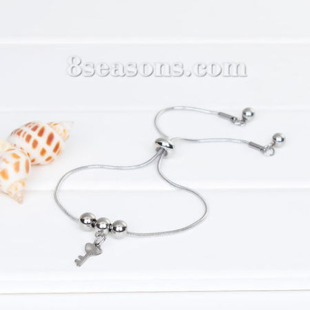 Image de Bracelet Bolo Réglable Nœud Glissé en 304 Acier Inoxydable Argent Mat Rond Clés 24cm long, 1 Pièce