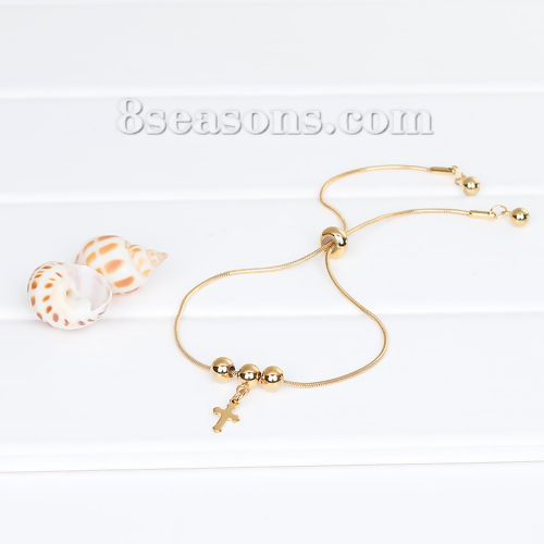 Picture of 304 Stainless Steel Adjustable Slider/ Slide Bolo Bracelets Gold Plated Round Cross 26cm(10 2/8") long, 1 Piece