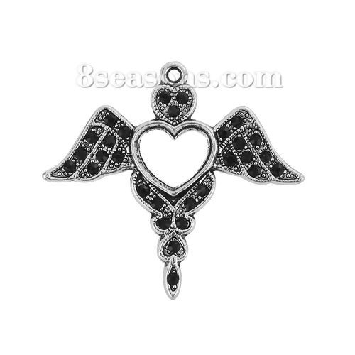 Picture of Zinc Based Alloy Pendants Angel Wing Antique Silver Color Heart Black Rhinestone 42mm(1 5/8") x 38mm(1 4/8"), 2 PCs