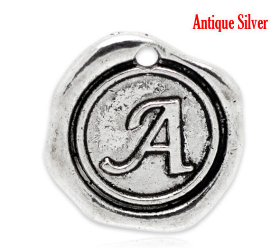 Bild von Zinklegierung Wachssiegel Charms Rund Anfangsbuchstaben "A" Antik Silber 18x18mm 30 Stück
