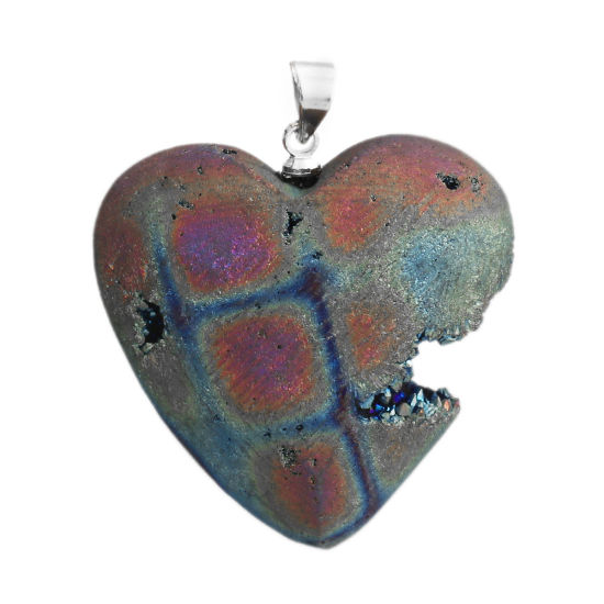 Picture of (Grade A) Agate ( Natural ) Druzy/ Drusy Pendants Heart Silver Tone Multicolor AB Color 3.6cm x 3cm, 1 Piece