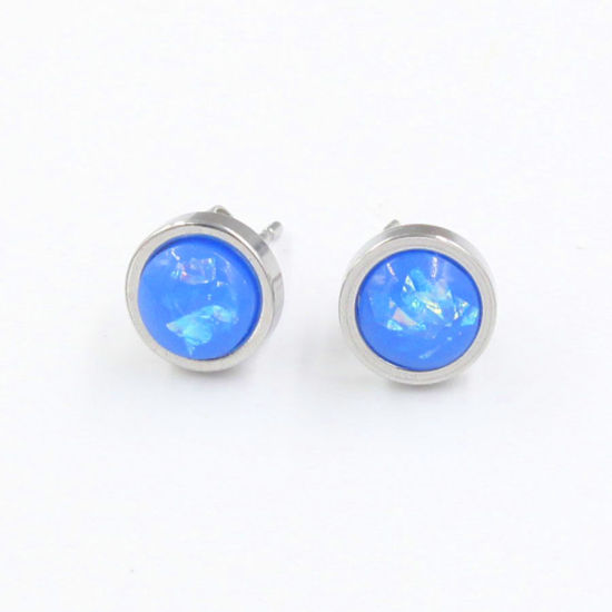 Bild von 304 Edelstahl & Opal ( Synthetisch ) Monatsstein Ohrring Ohrstecker Silberfarbe Saphirblau Rund Oktober 8mm D., Drahtstärke: (20 gauge), 1 Paar