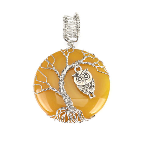 Picture of (Grade A) Agate ( Natural ) Pendants Round Silver Tone Dark Yellow Tree Wrapped 5.8cm x 4cm, 1 Piece
