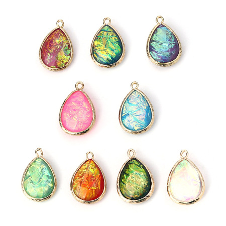 Copper & Resin AB Rainbow Color Aurora Borealis Charms Drop Light Golden Blue 23mm x15mm( 7/8" x 5/8") - 22mm x14mm( 7/8" x 4/8"), 5 PCs