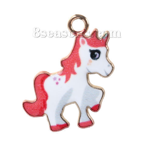Imagen de Zamak Colgantes Charms Caballo Chapado en Oro Blanco & Rojo Esmalte 23mm x 19mm, 10 Unidades